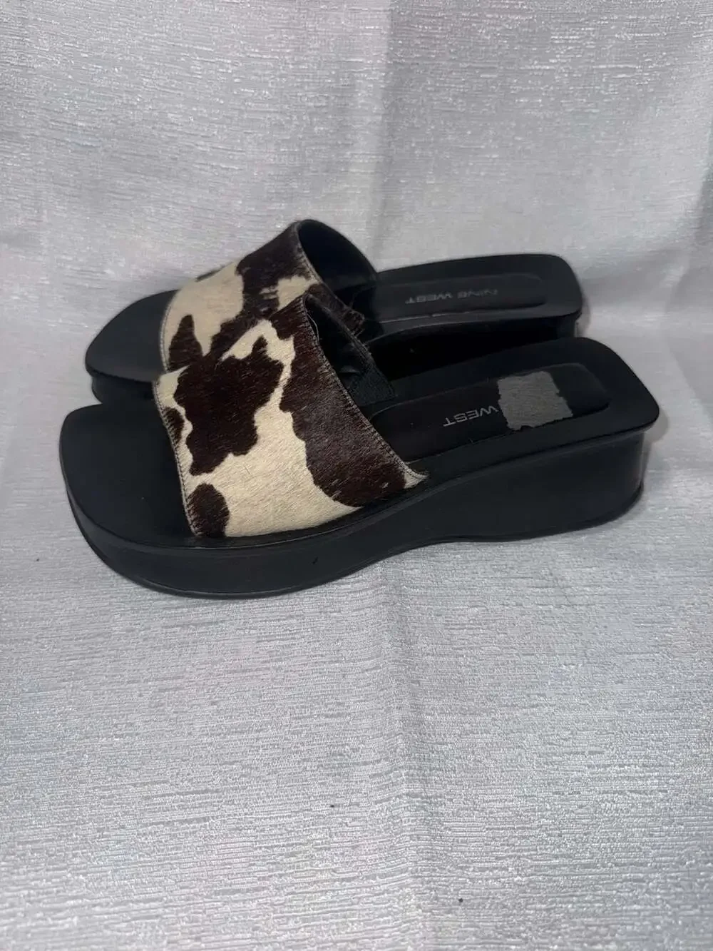 Nine West Women's Cow Print Ponyhair Platform Slide Sandals